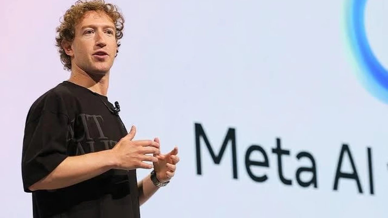 Mark Zuckerberg speaking at a Meta AI event with Meta AI branding displayed behind him