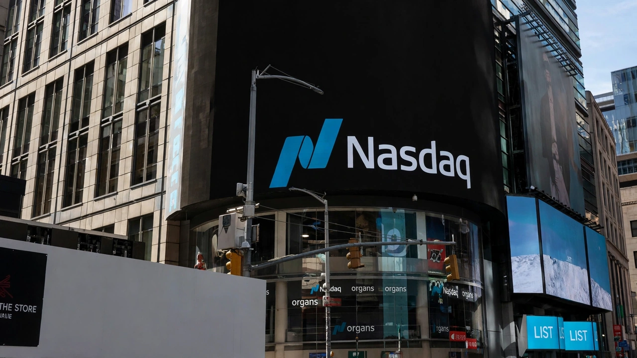 Nasdaq logo displayed on a large electronic billboard outside the Nasdaq MarketSite in Times Square, New York.