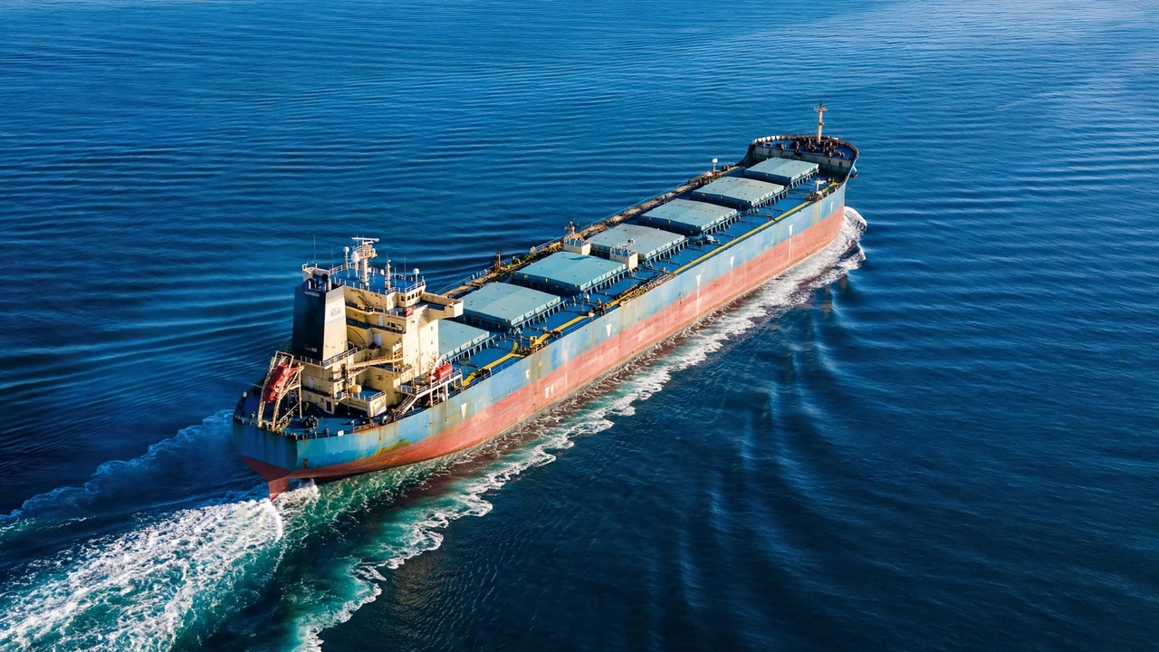 Large cargo ship sailing through blue ocean waters, illustrating maritime shipping and energy supply risks.