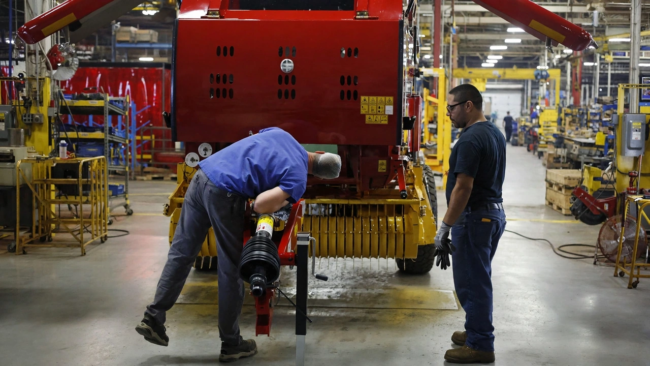 Two manufacturing workers assembling industrial machinery inside a factory as the Philadelphia Fed manufacturing index falls to 20.9 in October 2026.