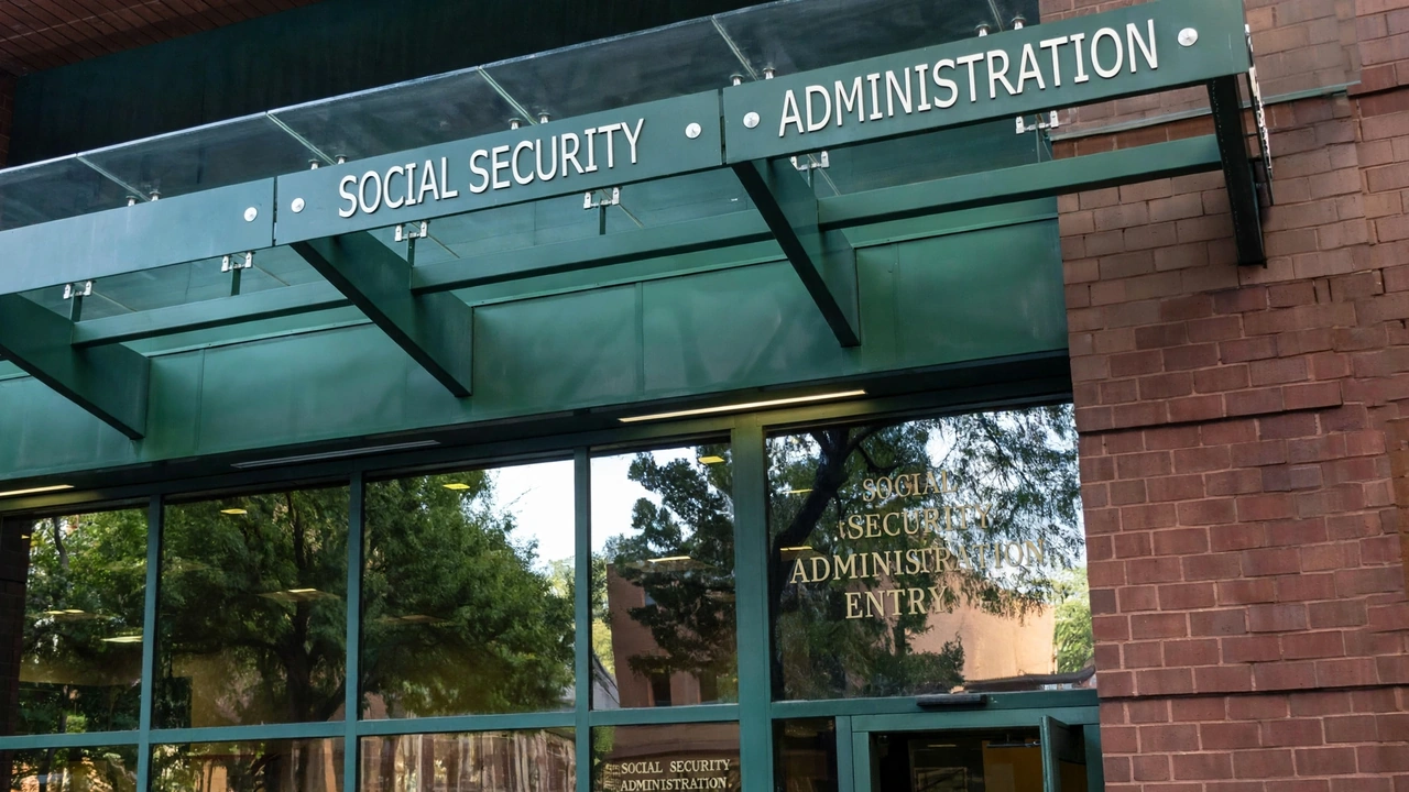 Social Security Administration building entrance with official SSA signage above glass doors.