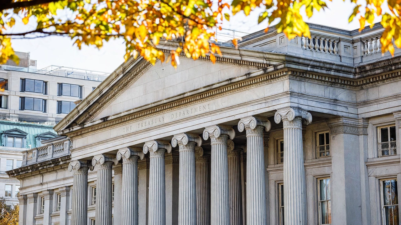 U.S. Treasury Department building in Washington, D.C., with stone columns and autumn foliage