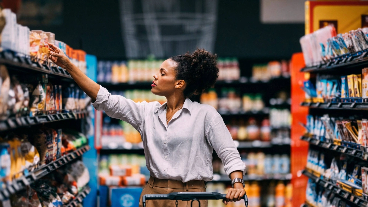 Consumer shopping in a grocery store as U.S. consumer sentiment falls to 46.3 in October 2026.