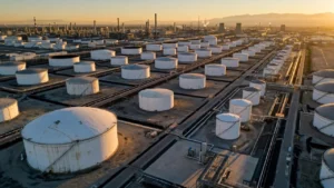 Latest U.S. Financial News and Analysis 6 Aerial view of large petroleum storage tanks and refinery infrastructure at an industrial oil facility.