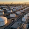 Aerial view of large petroleum storage tanks and refinery infrastructure at an industrial oil facility.