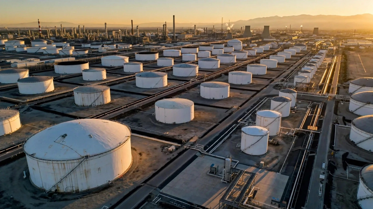 Aerial view of large petroleum storage tanks and refinery infrastructure at an industrial oil facility.