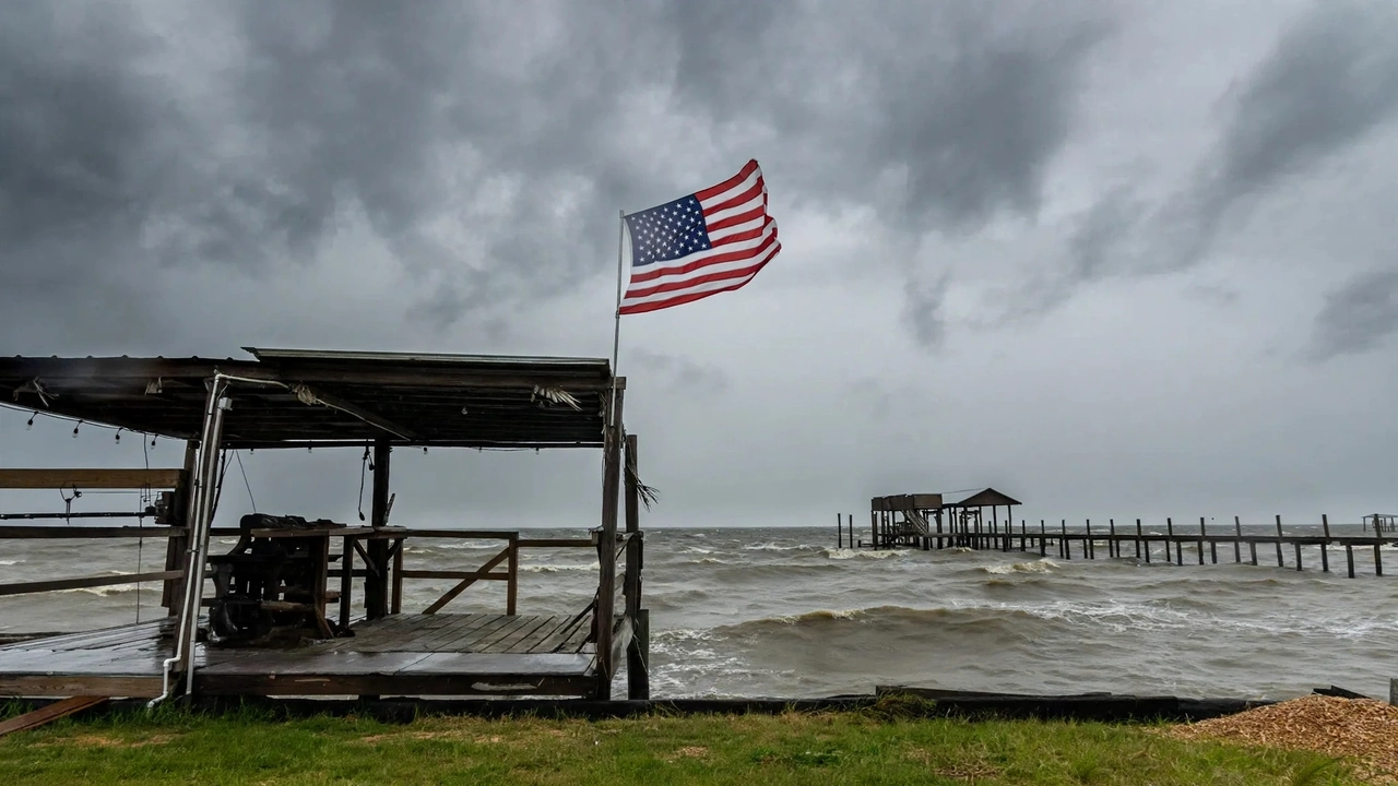 American flag flying above a coastal structure as strong winds and rough seas affect the U.S. Gulf Coast.