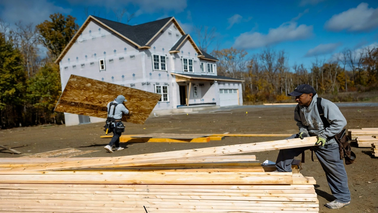 Construction workers handling lumber outside a partially completed two-story home at a residential building site.