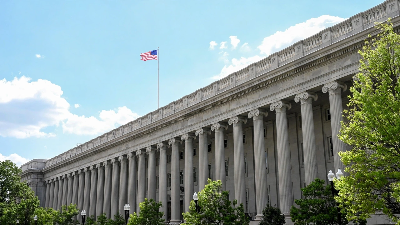 U.S. Treasury Department building in Washington, D.C., with an American flag flying above its columns.